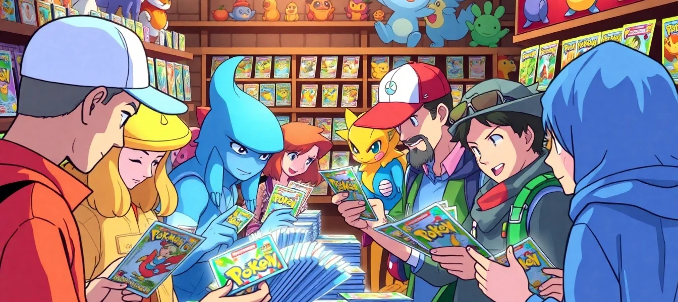 Collectors exploring a vibrant marketplace, showcasing Real Pokémon cards.