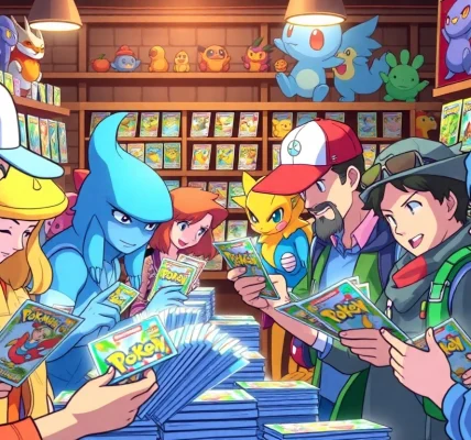 Collectors exploring a vibrant marketplace, showcasing Real Pokémon cards.