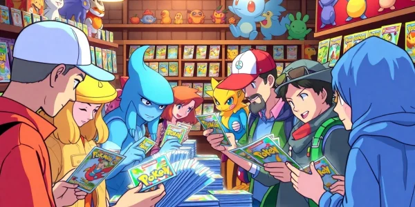 Collectors exploring a vibrant marketplace, showcasing Real Pokémon cards.