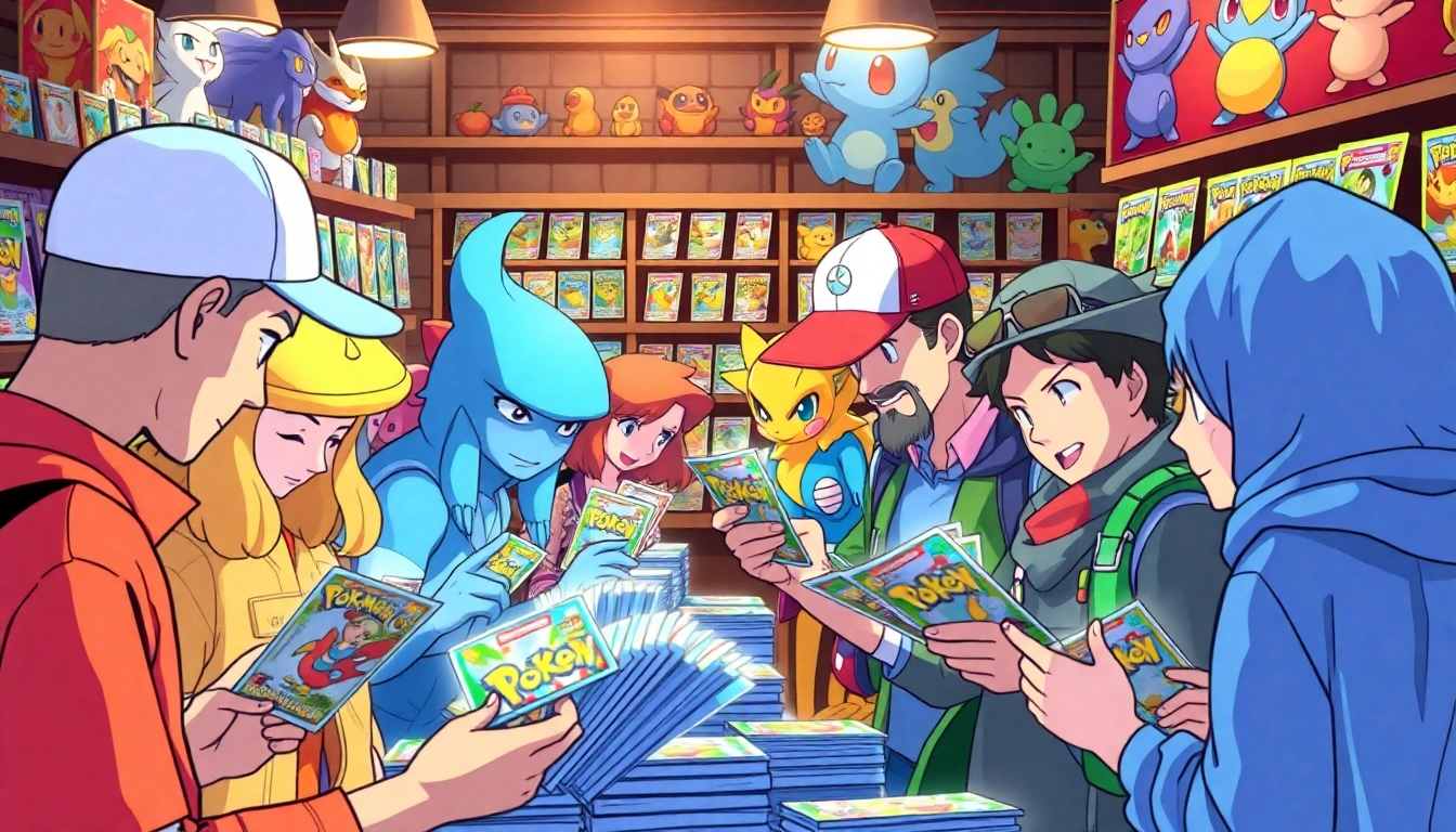 Collectors exploring a vibrant marketplace, showcasing Real Pokémon cards.