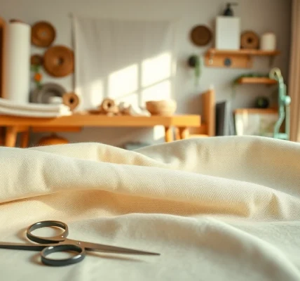 Ontdek ongebleekt katoen in verschillende texturen en warme tinten in de naaiatelier.