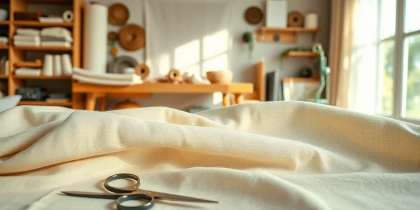 Ontdek ongebleekt katoen in verschillende texturen en warme tinten in de naaiatelier.