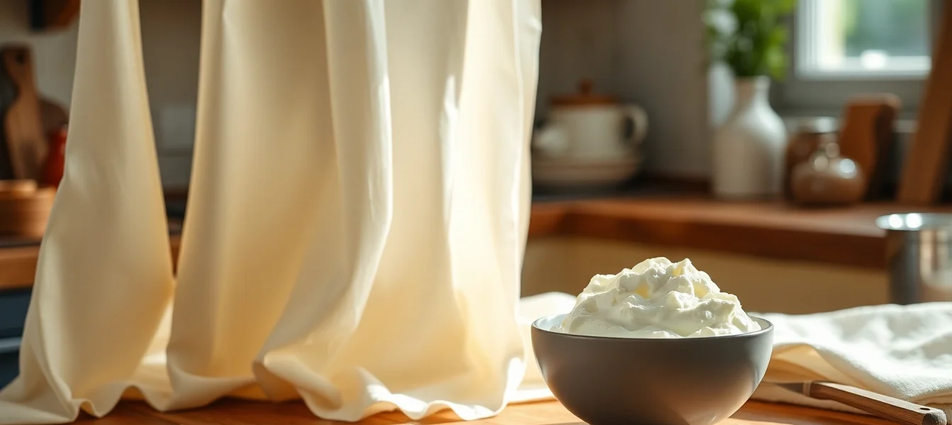 Kaasdoek hangt boven een houten aanrecht en benadrukt vers gemaakte ricotta.