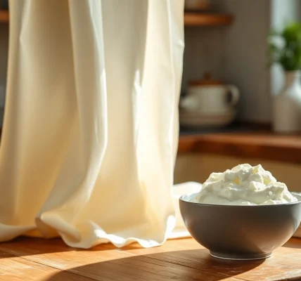 Kaasdoek hangt boven een houten aanrecht en benadrukt vers gemaakte ricotta.