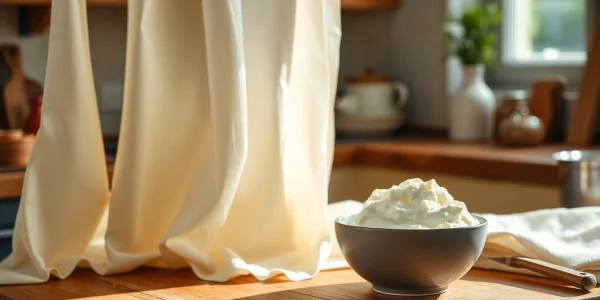 Kaasdoek hangt boven een houten aanrecht en benadrukt vers gemaakte ricotta.