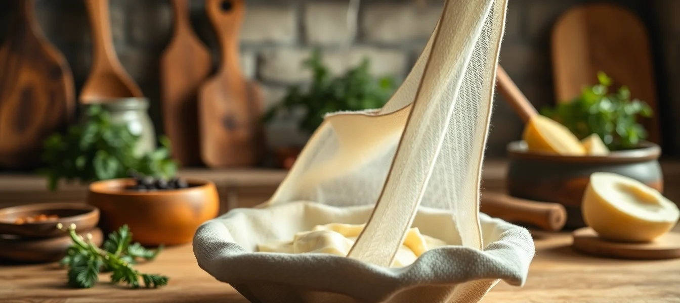 Kaasdoek gebruiken om kaas te maken met verse ingrediënten in een rustieke keuken.