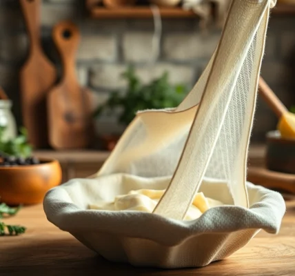 Kaasdoek gebruiken om kaas te maken met verse ingrediënten in een rustieke keuken.