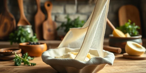 Kaasdoek gebruiken om kaas te maken met verse ingrediënten in een rustieke keuken.