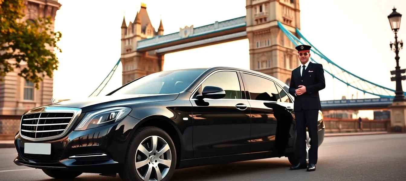 Professional luxury chauffeur service london vehicle in front of iconic London landmark.