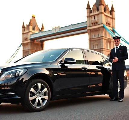 Professional luxury chauffeur service london vehicle in front of iconic London landmark.