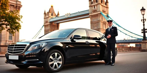 Professional luxury chauffeur service london vehicle in front of iconic London landmark.