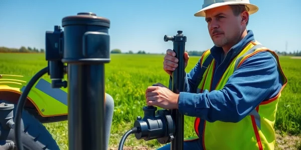 Technician performing well pump replacement in a bright rural environment, showcasing expertise.