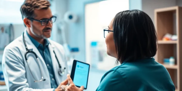 Integrating eprescribing systems features a healthcare provider discussing electronic prescriptions with a patient.