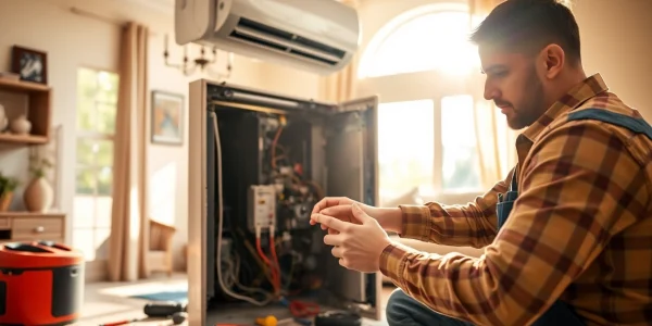 HVAC technician conducting ac repair mesa az with tools in a well-lit home environment