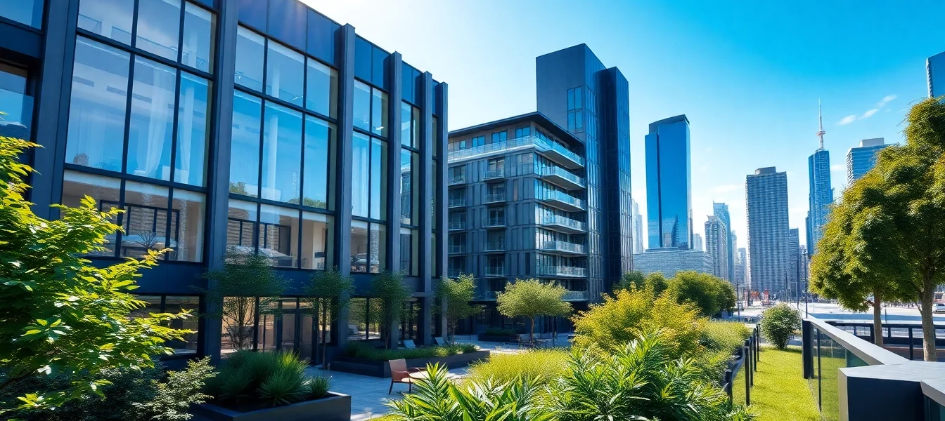 Architekturvisualisierung einer modernen urbanen Wohnanlage mit lebendigen grünen Landschaftselementen.