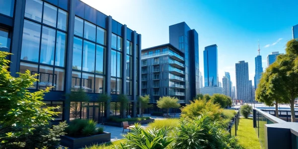 Architekturvisualisierung einer modernen urbanen Wohnanlage mit lebendigen grünen Landschaftselementen.